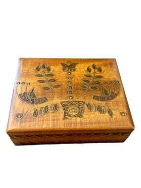Vintage Hand Carved Wooden Keepsake Box Brass Inlay Bird Floral Trinket Box